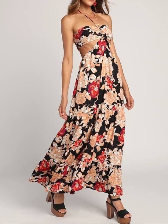 Lulus Dresses & Skirts - LULU’S Midsummer Moment Black Floral Print Cutout Halter Maxi Dress